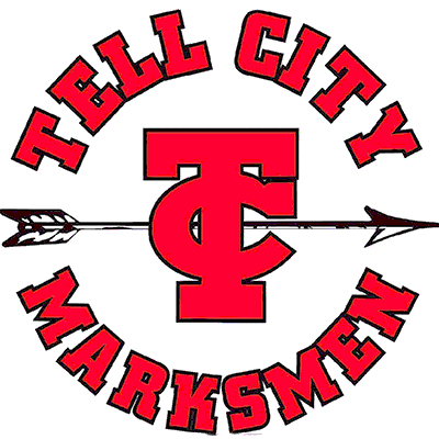 Tell City School Marksmen logo with red and black text and an arrow design.