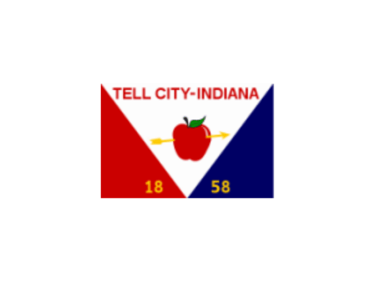 Tell City, Indiana flag featuring apple symbol, established in 1858 with vibrant colors.