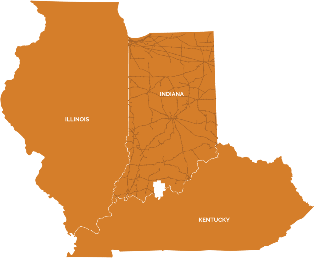 Map highlighting Illinois, Indiana, and Kentucky for geographic reference and navigation.