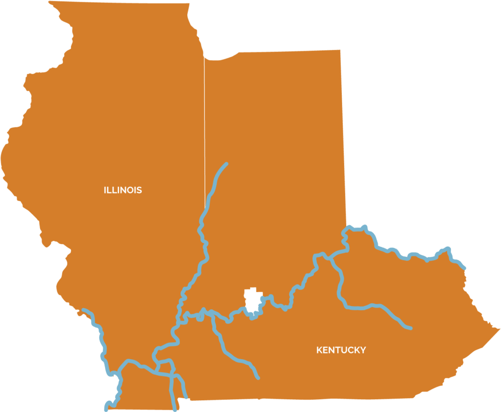 Map highlighting the border between Illinois and Kentucky with major rivers.