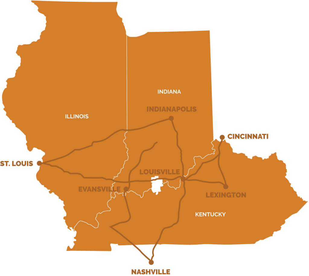 Map highlighting Indiana and Kentucky with major cities and routes.