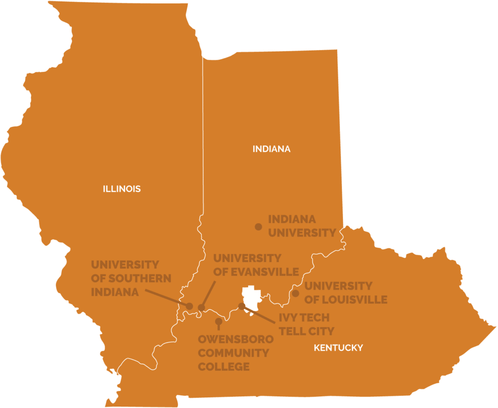 Map of universities in Indiana, Illinois, and Kentucky for educational resources.