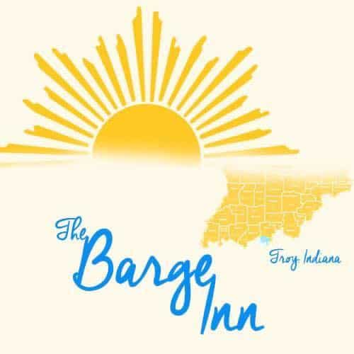 The Barge Inn in Troy, Indiana, features a bright sun and state map design.