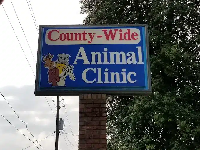 County-Wide Animal Clinic sign with friendly animal graphics for pet care services.