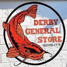 Derby General Store features a vibrant catfish logo and local contact information.