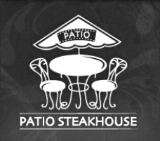 Patio Steakhouse logo featuring outdoor dining with chairs and table under a canopy.