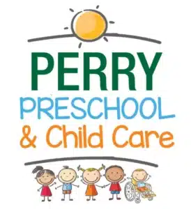Perry Preschool and Child Care logo featuring diverse children under a sunny banner.