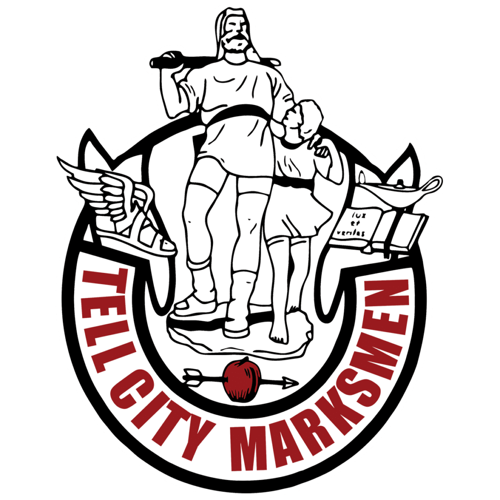Tell City Markmen logo featuring a historical figure and a child in a dynamic pose.