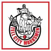 Tell City Marksmen logo featuring athletic figures and elements representing teamwork and community.