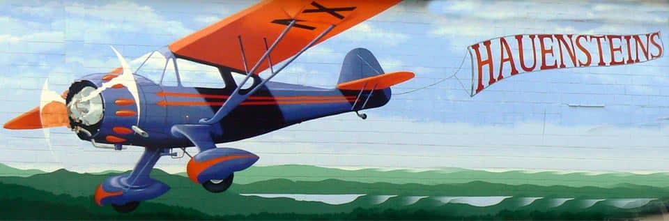 Vintage airplane mural featuring a colorful biplane against a scenic landscape backdrop.