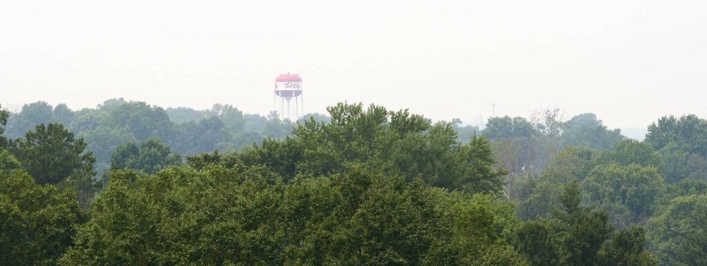 Water tower rising above lush green trees in a scenic forest landscape.