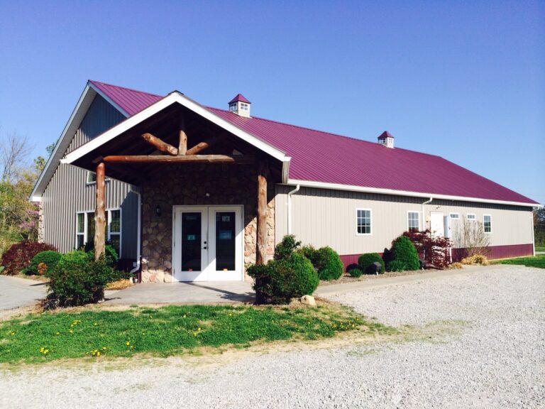 Modern ranch house with a stone entrance and purple metal roof design.