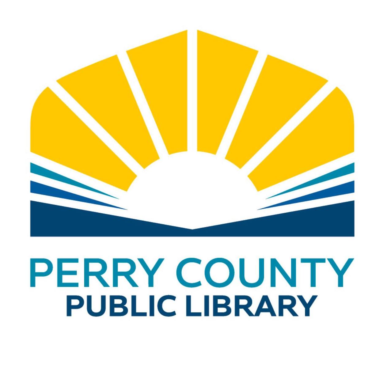 Perry County Public Library logo featuring a sunrise and open book design.