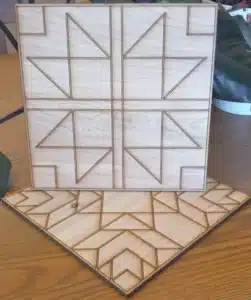 Wooden tangram puzzle set featuring intricate geometric designs for creative play and learning.