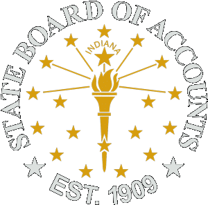 Indiana State Board of Accounts emblem featuring a torch and stars. Established 1909.