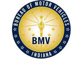 Indiana Bureau of Motor Vehicles logo featuring a torch and stars.