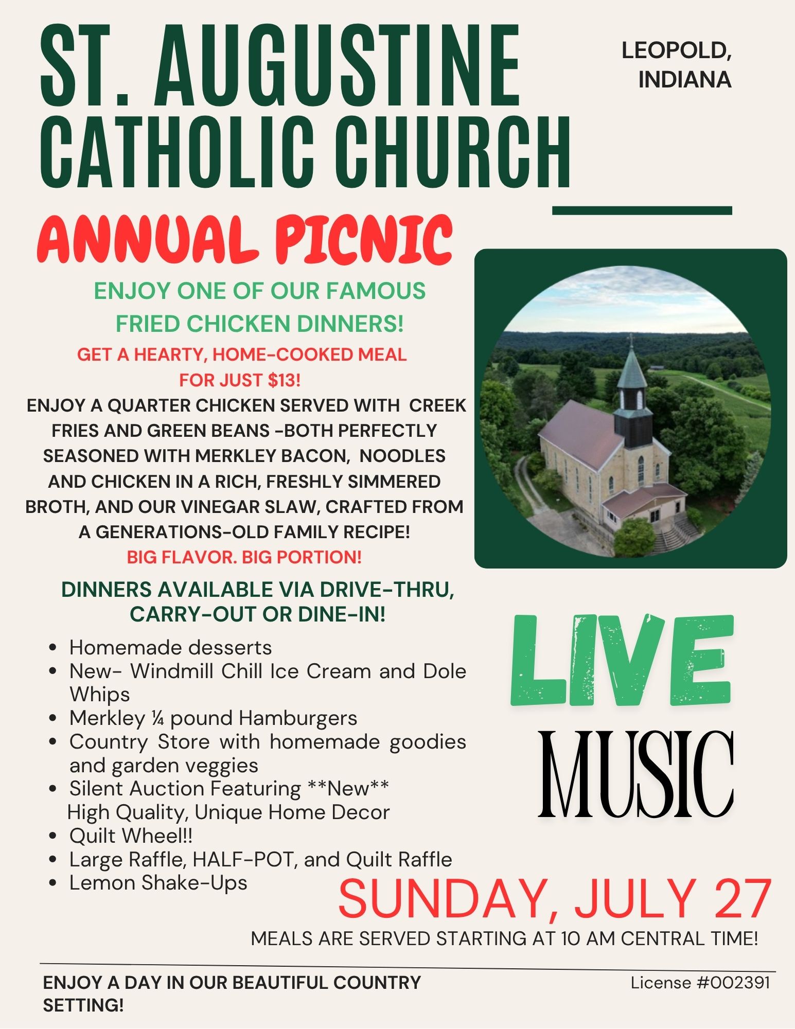 St. Augustine Church annual picnic with fried chicken, games, and live music in Indiana.