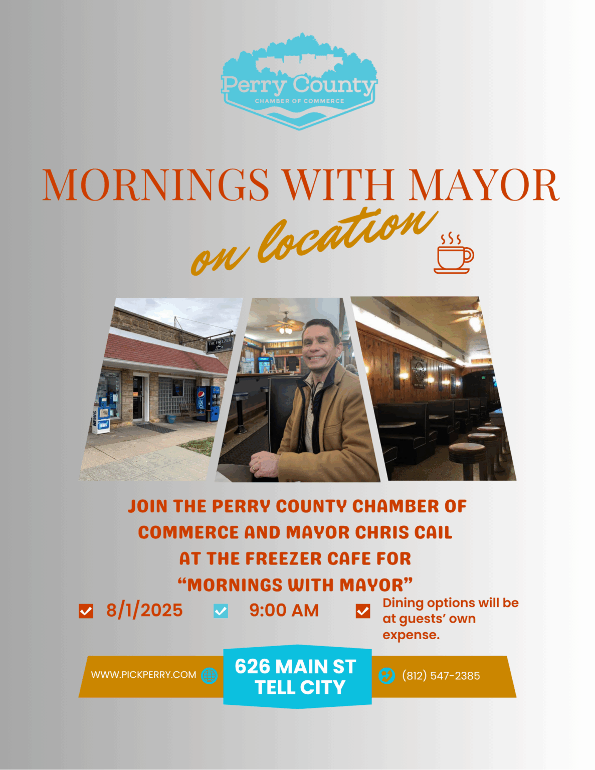 Mornings with Mayor event at Freezer Cafe, Tell City, on August 1, 2025.