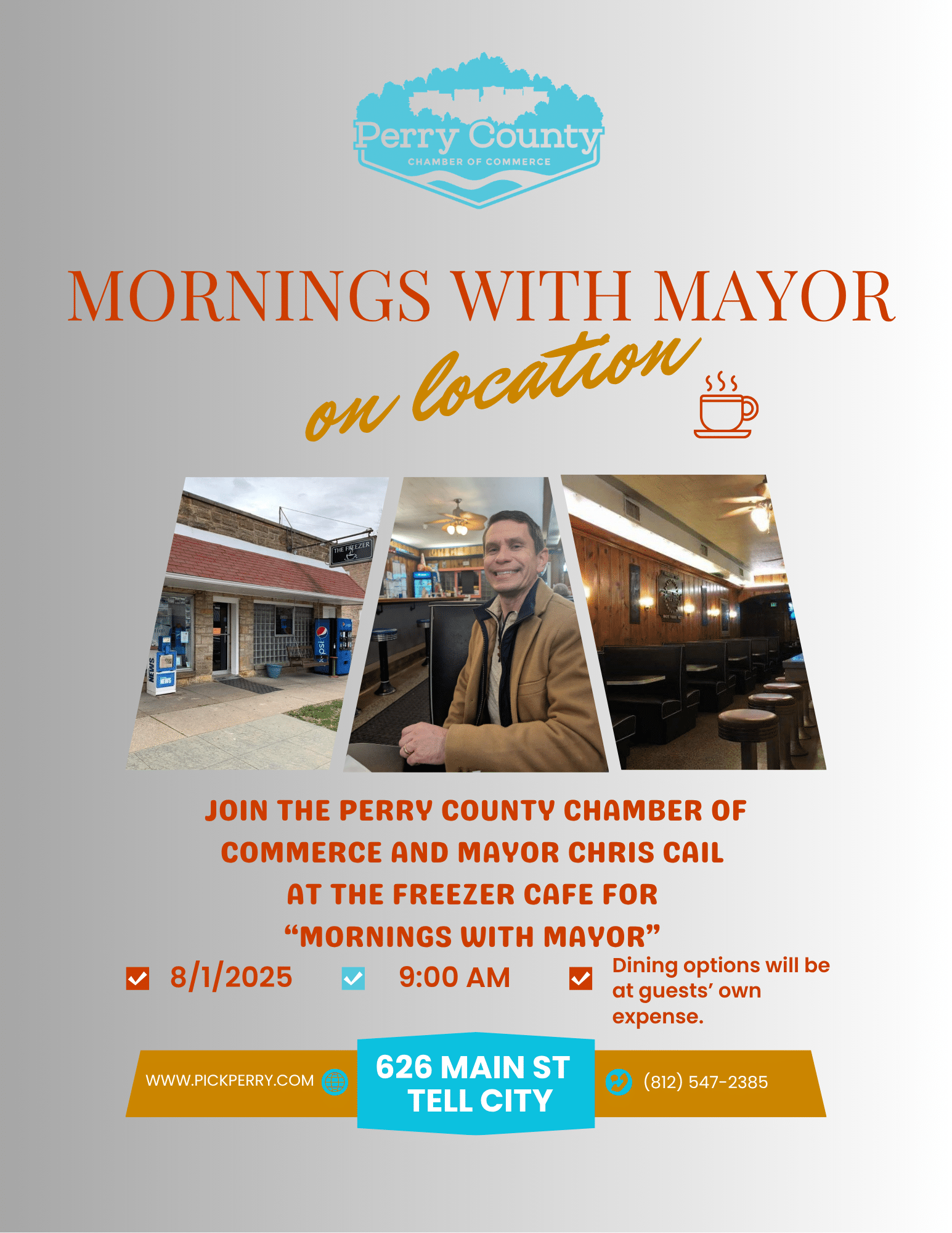 Mornings with Mayor event at Freezer Cafe, Tell City, on August 1, 2025.