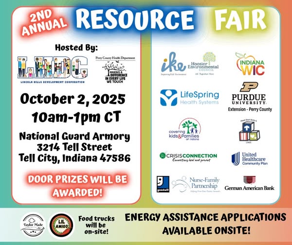 2nd Annual Resource Fair in Tell City, Indiana, offering community support and door prizes.