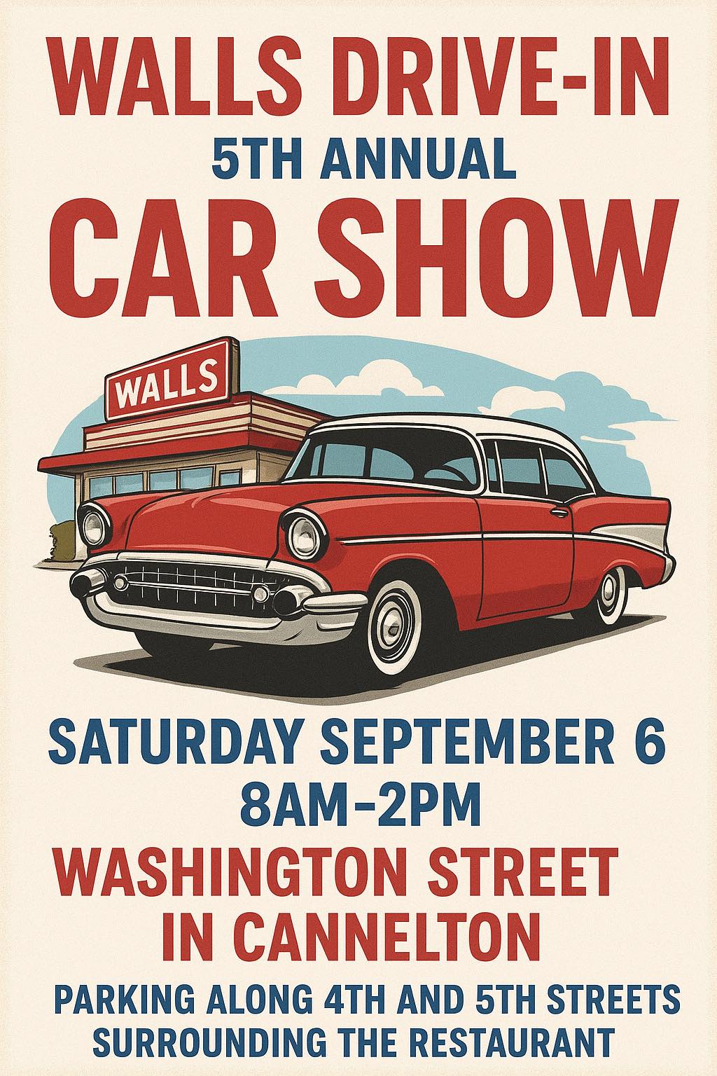 Join the 5th Annual Car Show at Walls Drive-In in Cannelton this September.