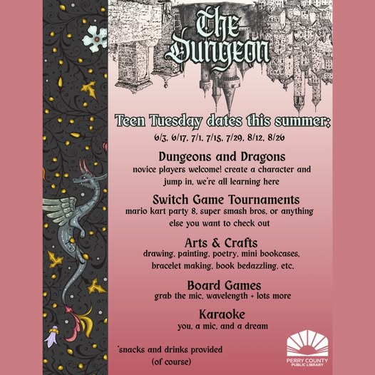 Teen Tuesday schedule for summer events: Dungeons, games, arts, and karaoke fun!
