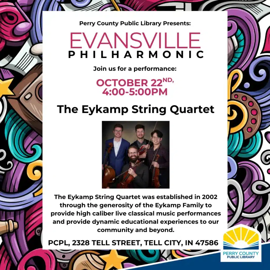 Eykamp String Quartet performing live classical music at the Evansville Philharmonic on October 22.