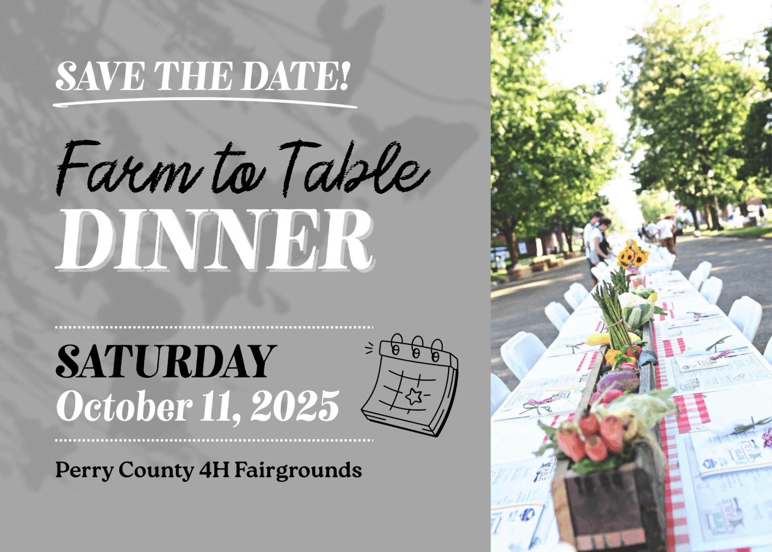 Join us for a farm-to-table dinner on October 11, 2025, at Perry County Fairgrounds.