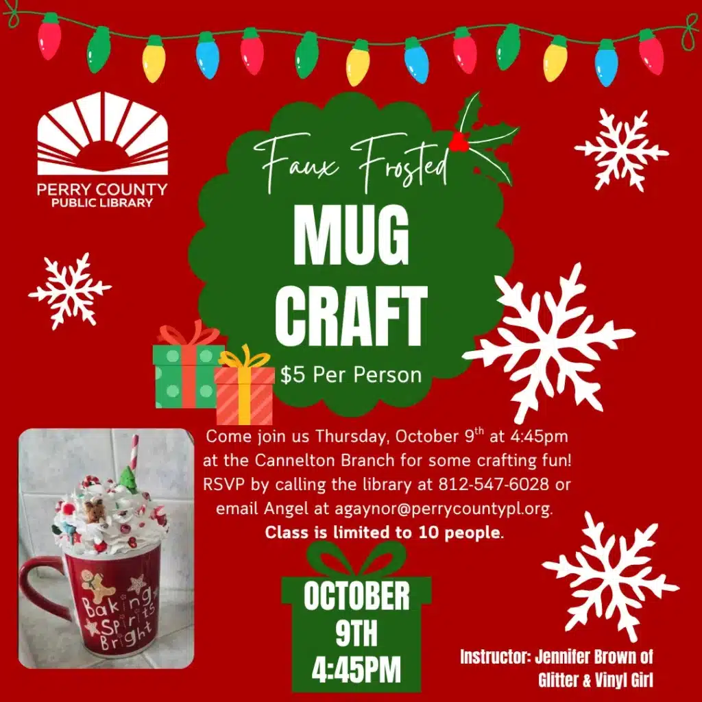 Faux frosted mug craft event at Perry County Public Library for creative fun.