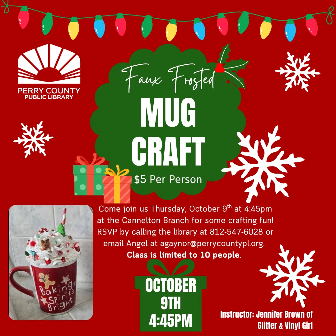 Faux frosted mug craft event at Perry County Public Library for creative fun.