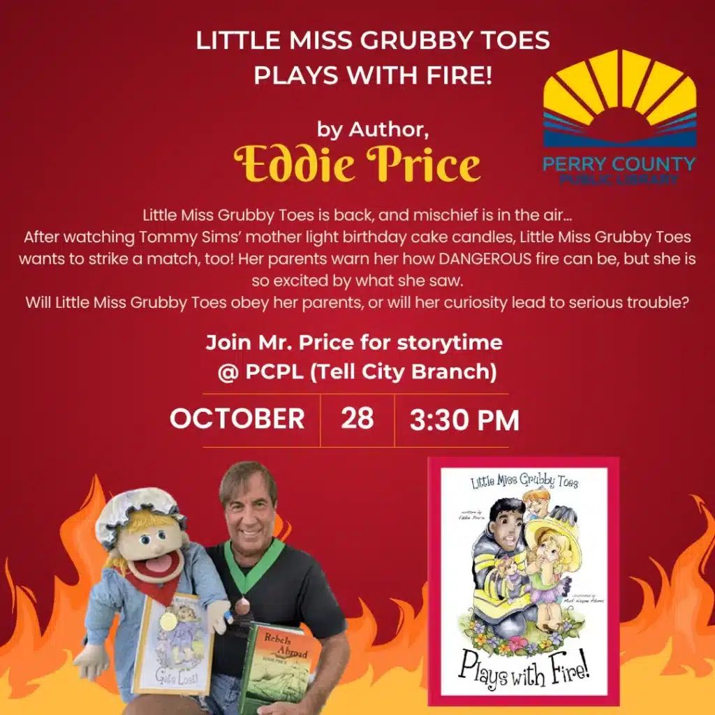 Little Miss Grubby Toes learns about fire safety in a playful storytime adventure.