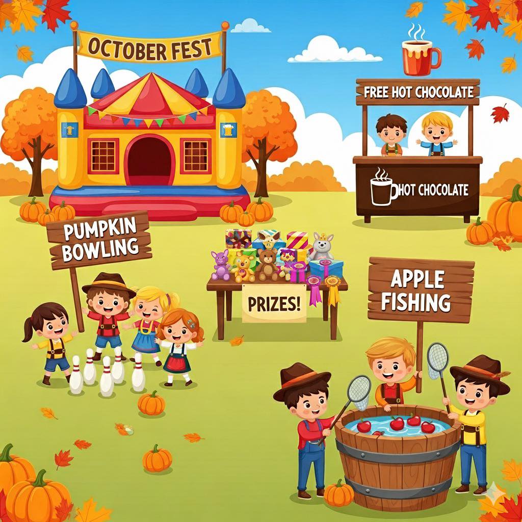 October Fest activities featuring pumpkin bowling, apple fishing, and free hot chocolate.