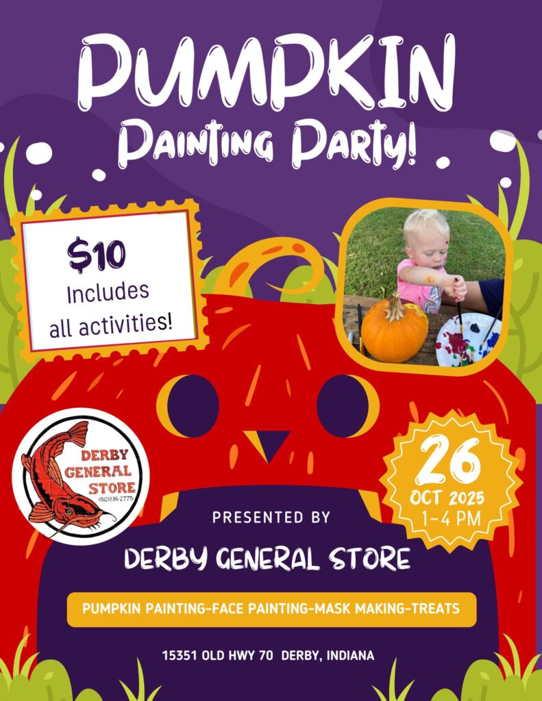 Join us for a fun pumpkin painting party, October 26, 2025, at Derby General Store.