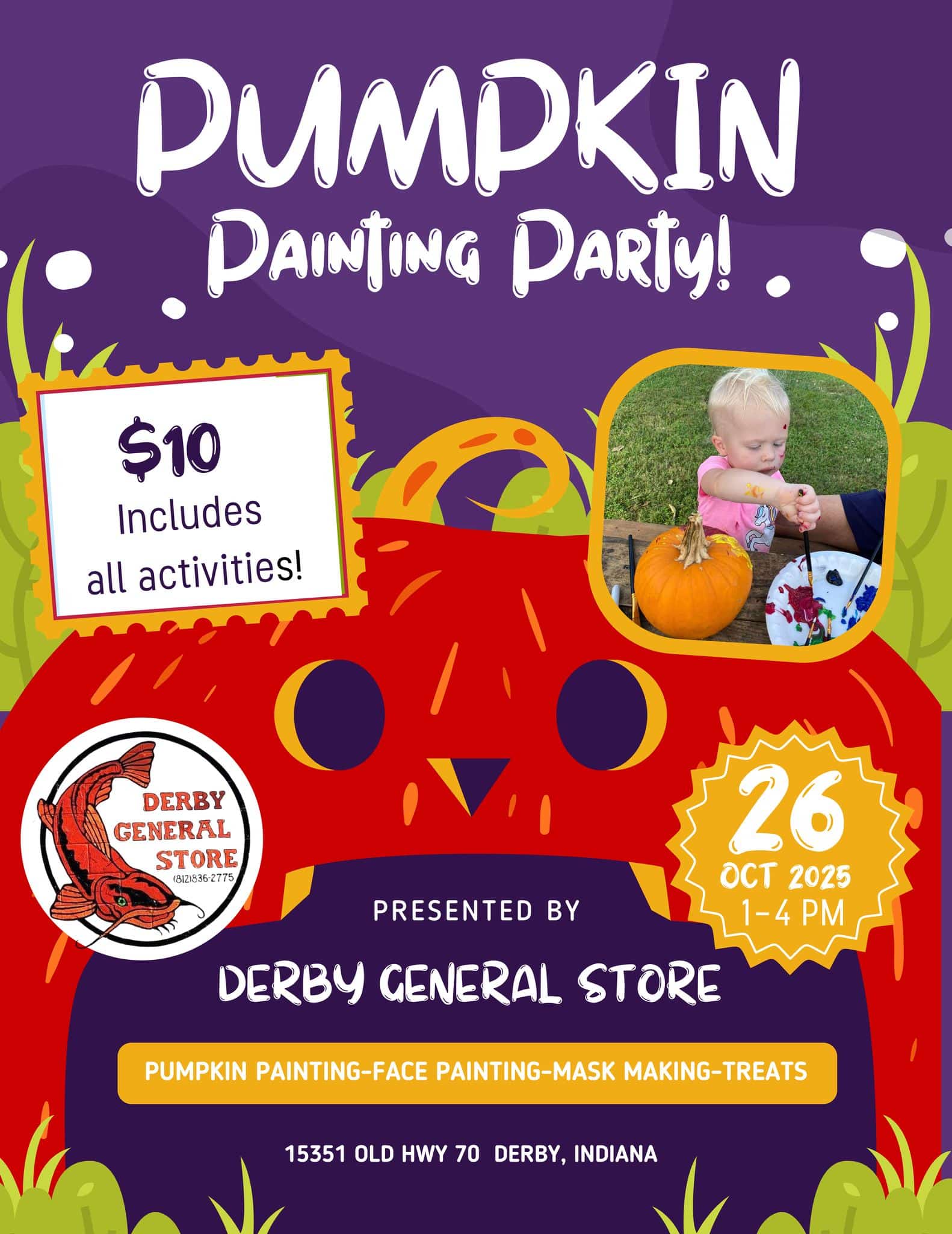 Join us for a fun pumpkin painting party, October 26, 2025, at Derby General Store.