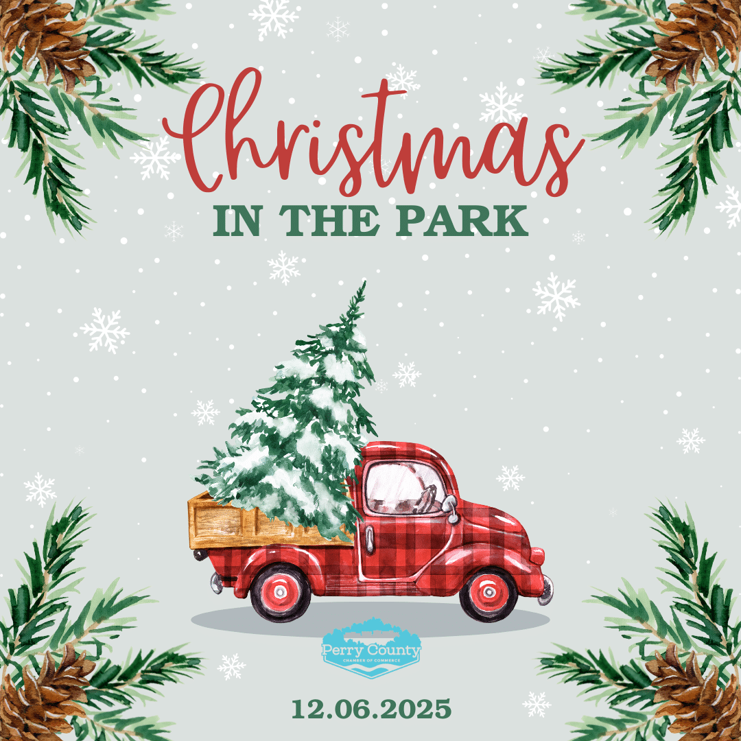 Vintage truck with a Christmas tree for the Christmas in the Park 2025 event.