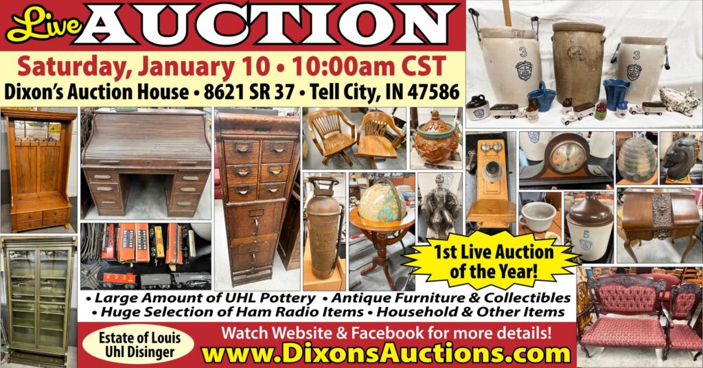 Live auction on January 10 at Dixons Auction House featuring antiques and collectibles.