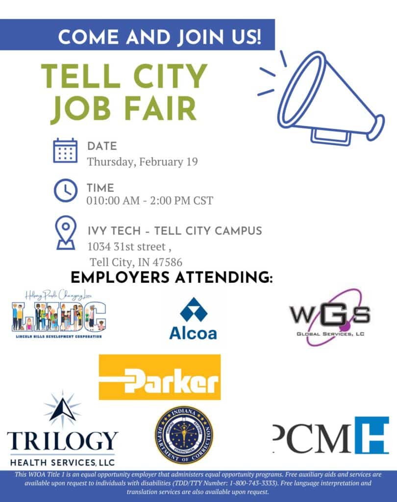 Tell City Job Fair on February 19 at Ivy Tech for local job opportunities.