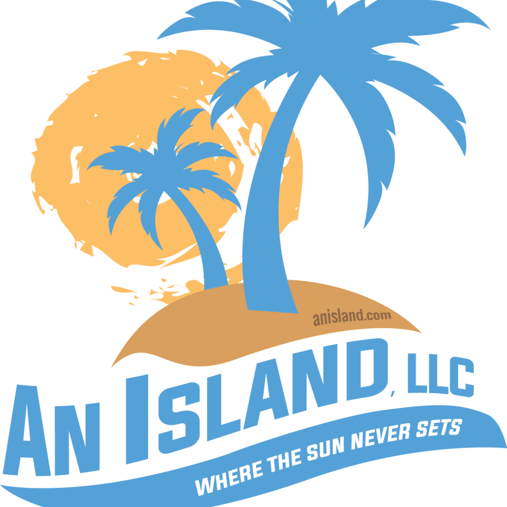 An Island logo featuring palm trees and sunset, symbolizing paradise and relaxation.