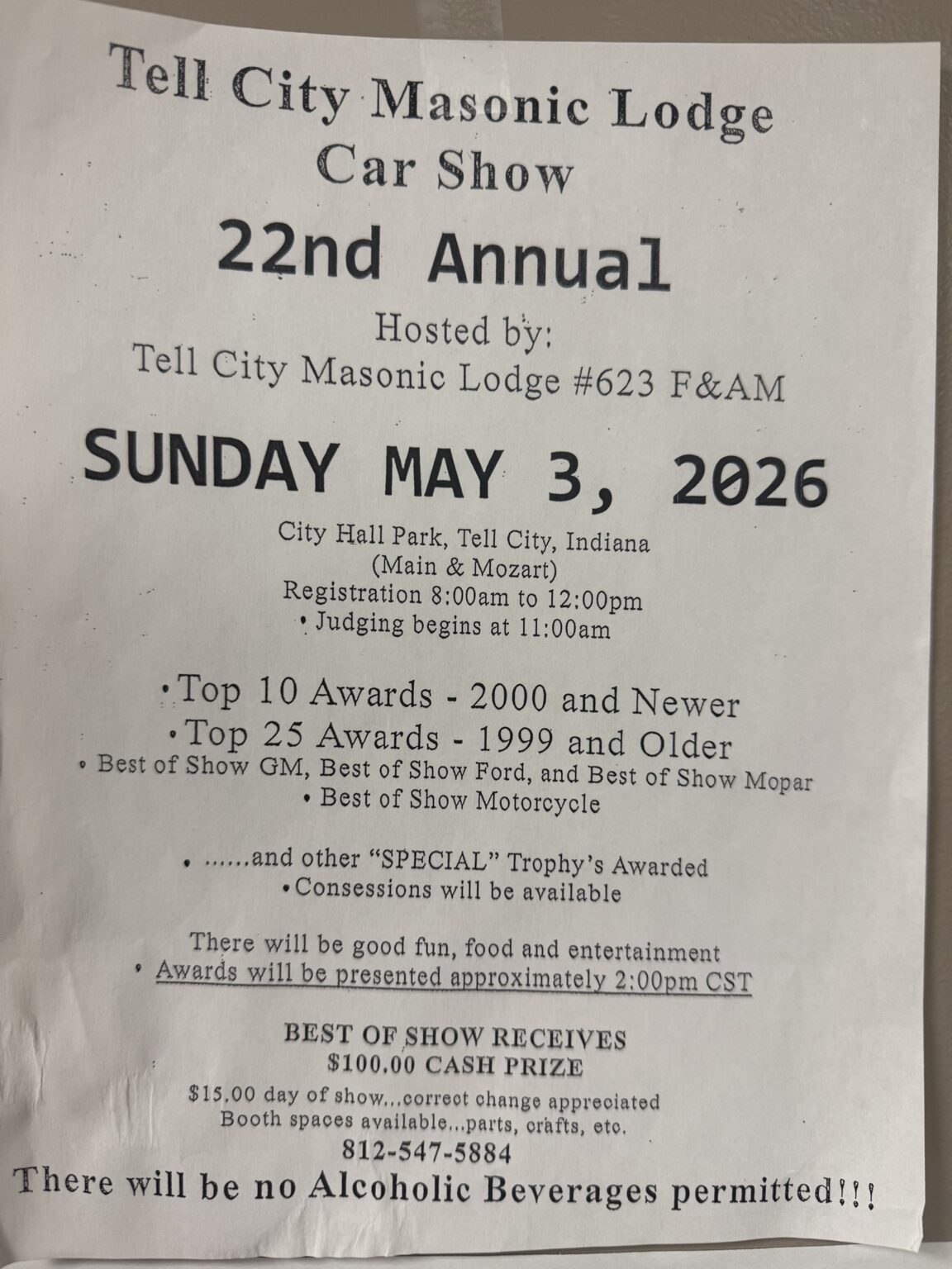 Annual Tell City Car Show on May 3, 2026, featuring awards and food.