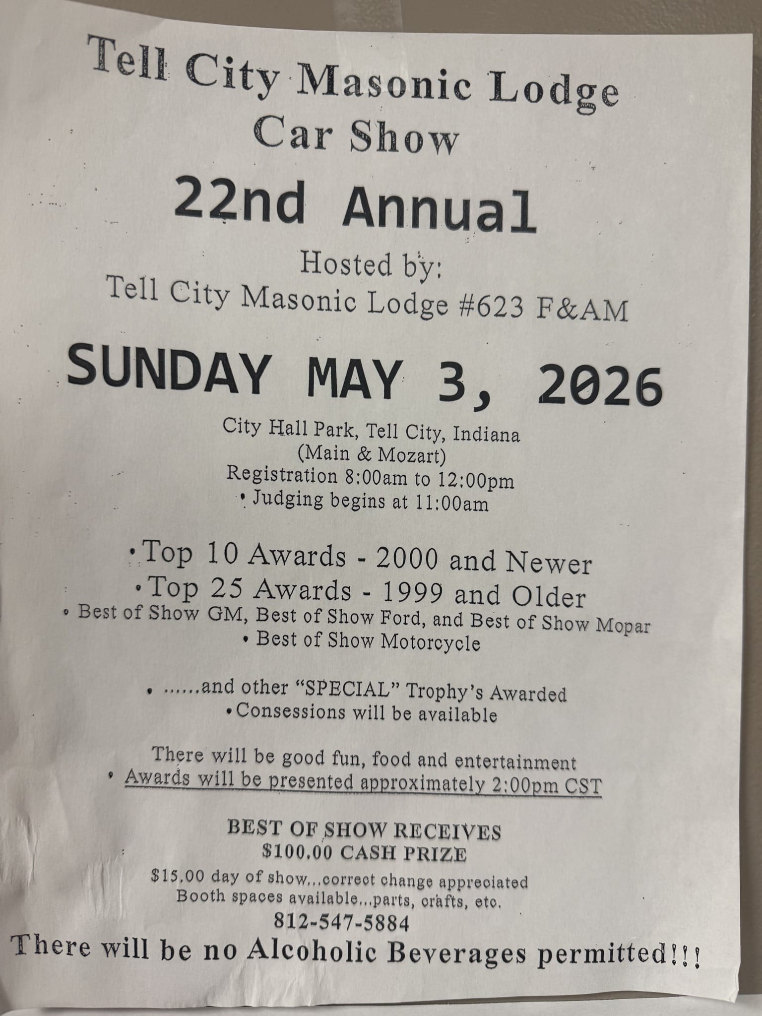 Annual Tell City Car Show on May 3, 2026, featuring awards and food.