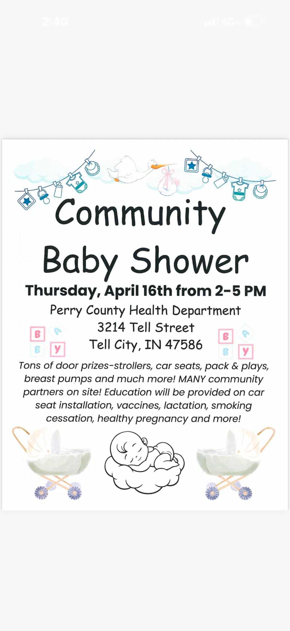 Community baby shower event with prizes, education, and resources for new parents.