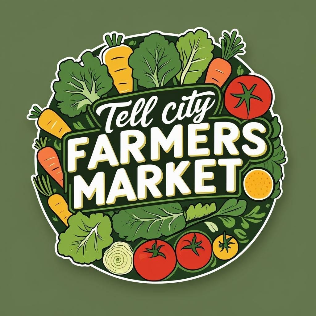 Tell City Farmers Market logo featuring fresh vegetables and local produce.