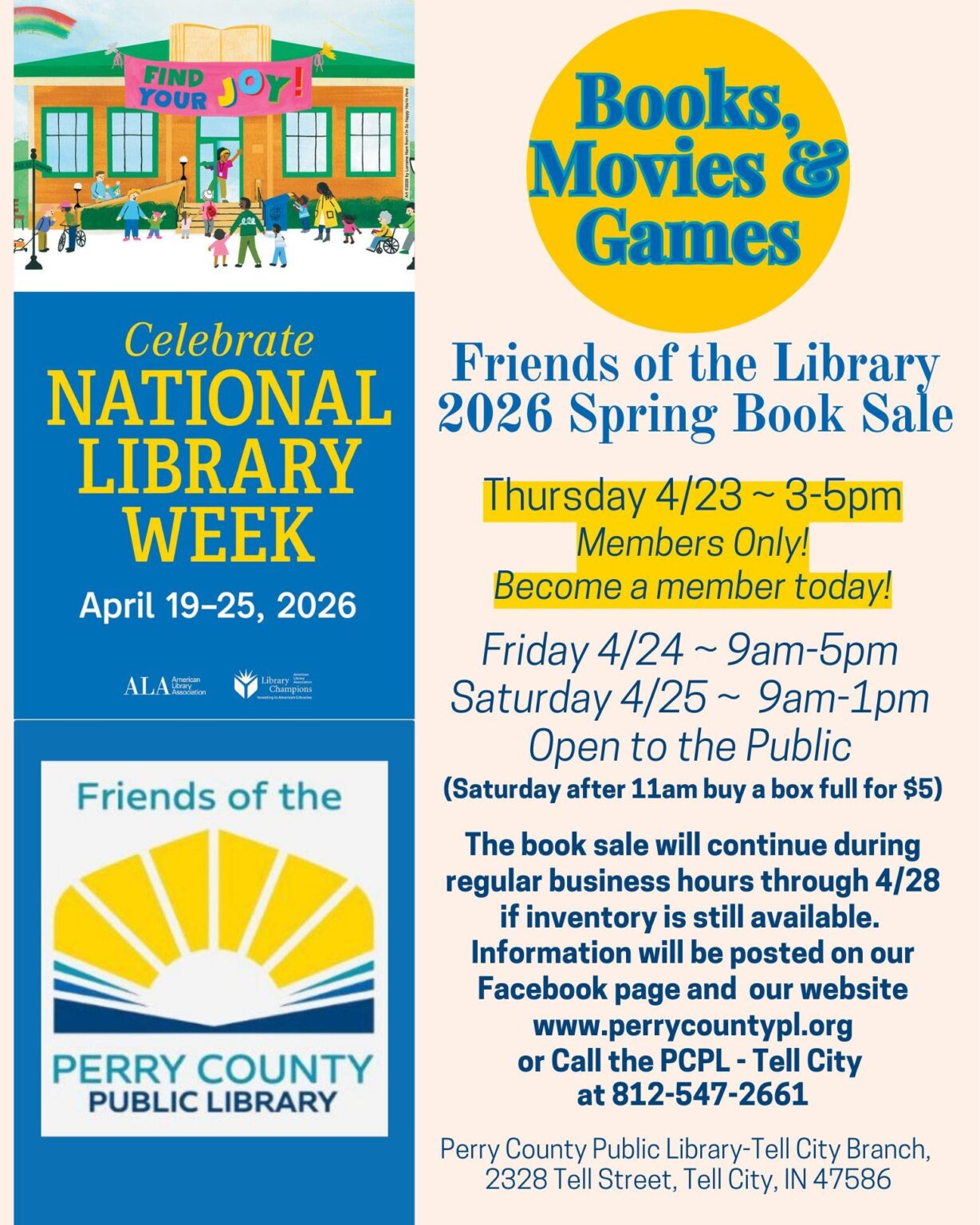 Friends of the Library 2026 Spring Book Sale, April 19-25, at Perry County Public Library.