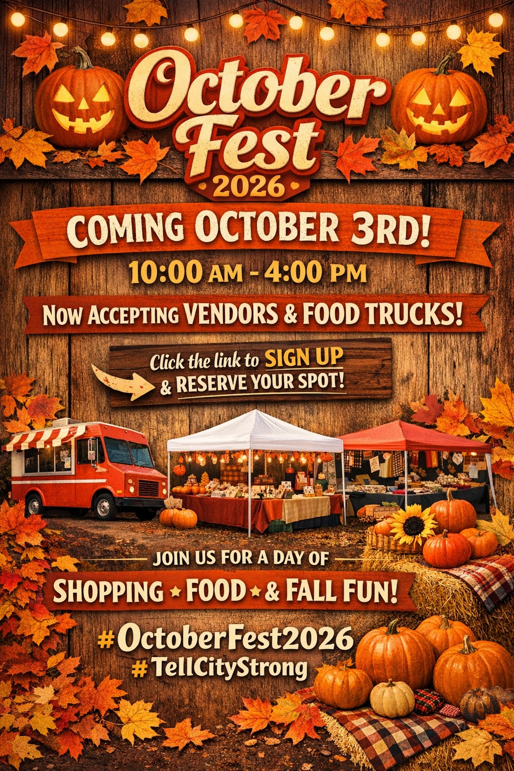 October Fest 2026: Join us for food, shopping, and fall fun on October 3rd.