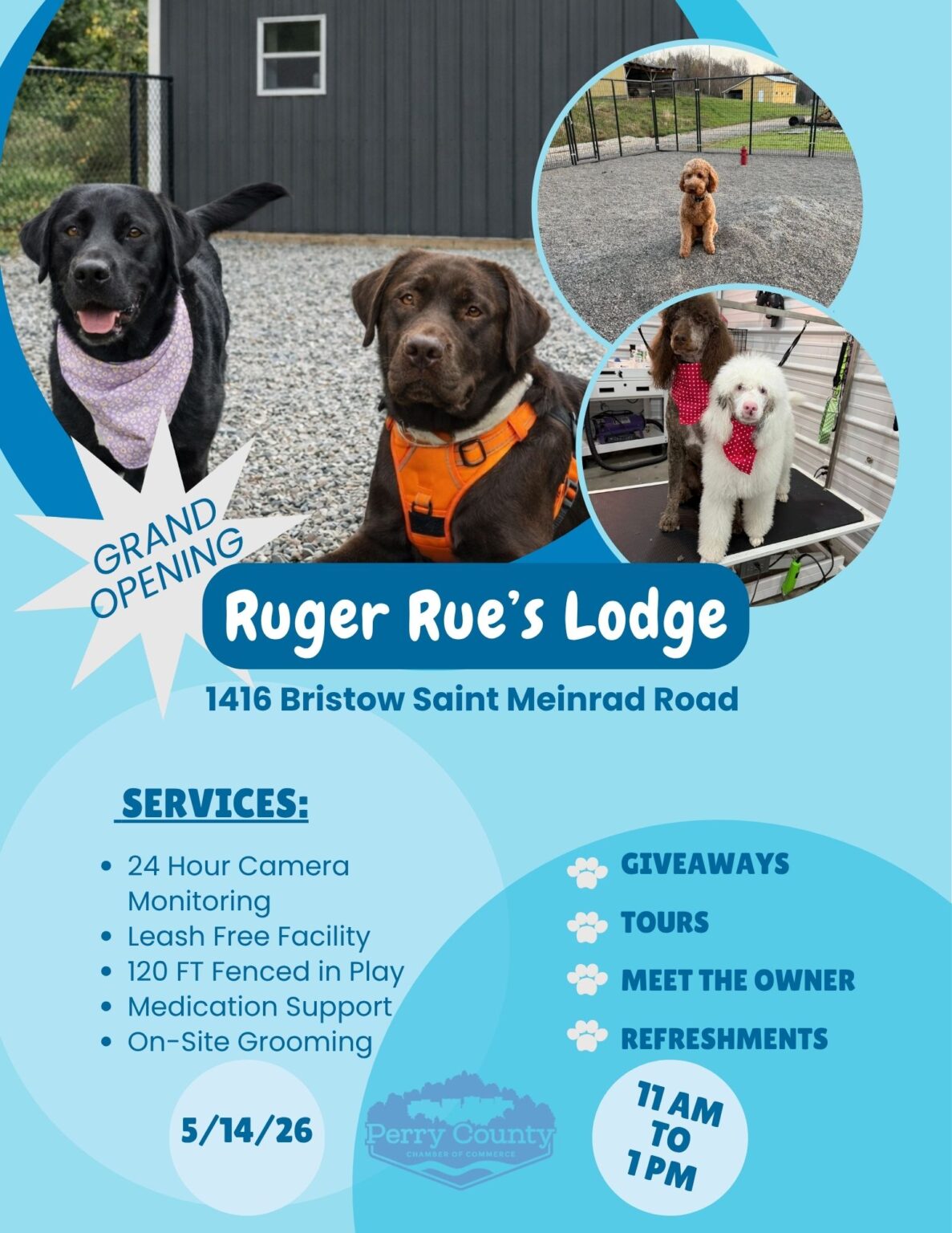Ruger Rues Lodge grand opening, featuring dog services, tours, and refreshments for pet owners.