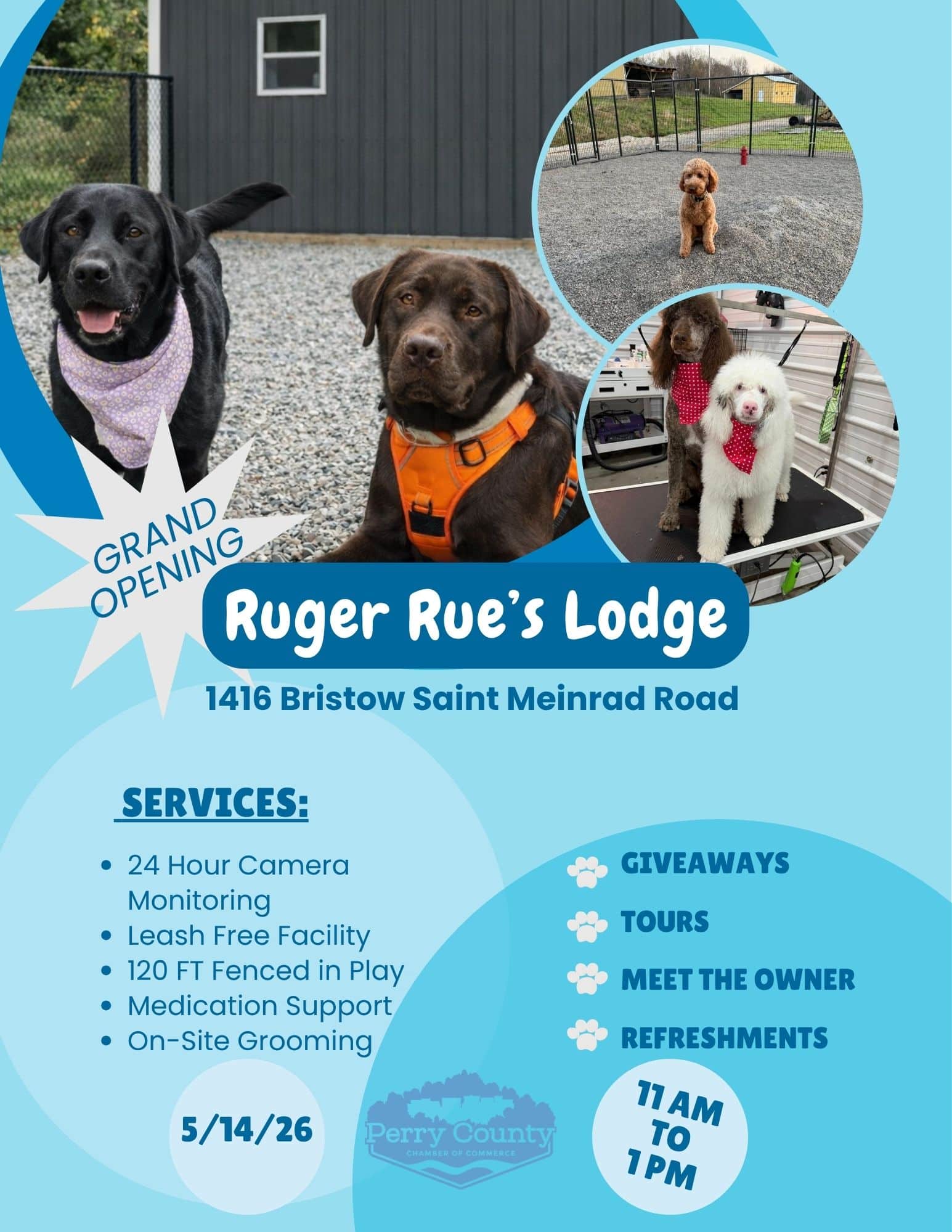 Ruger Rues Lodge grand opening, featuring dog services, tours, and refreshments for pet owners.