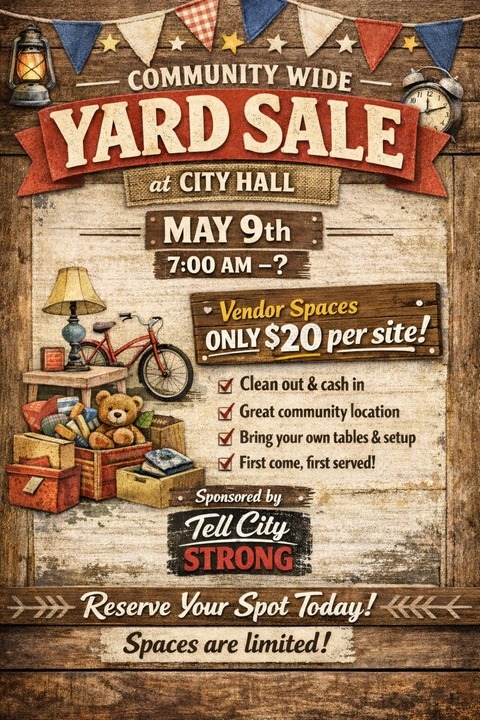 Community yard sale at City Hall on May 9, reserve vendor spaces for $20.