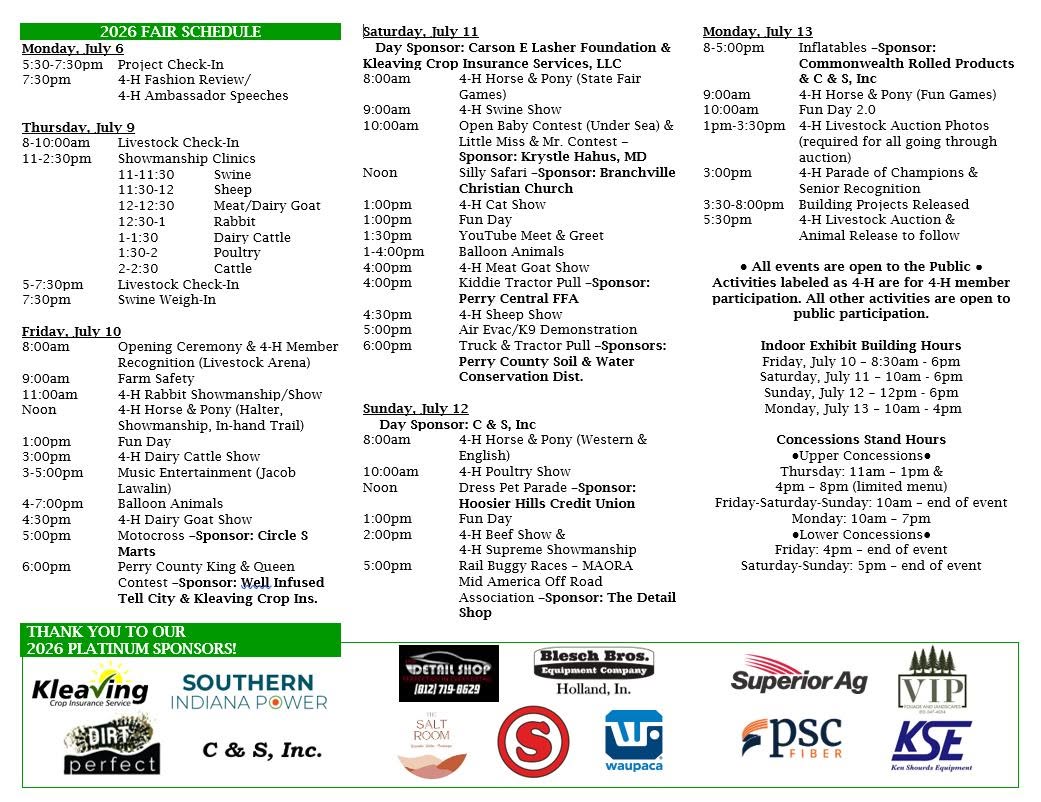 2026 Fair Schedule: Livestock shows, 4-H events, and entertainment activities.
