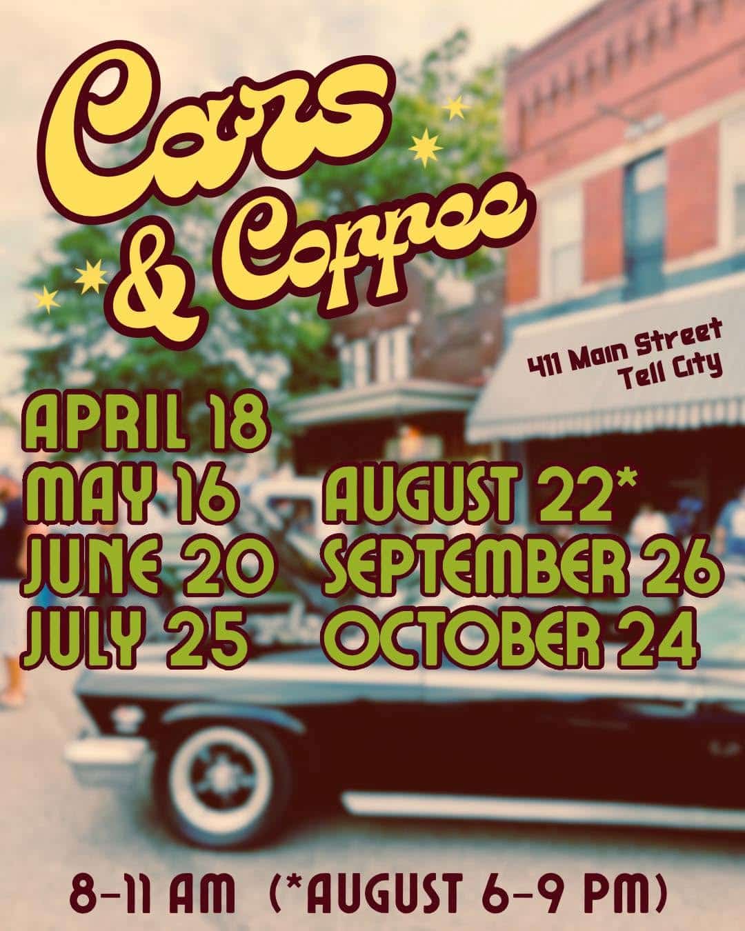 Cars and Coffee event in Tell City, featuring classic cars and community gatherings.