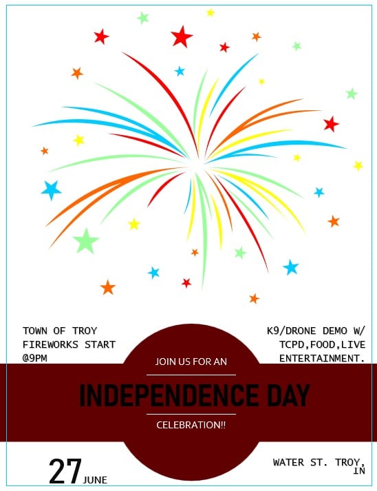 Colorful fireworks celebrate Independence Day in Troy, Indiana, with live entertainment and festivities.
